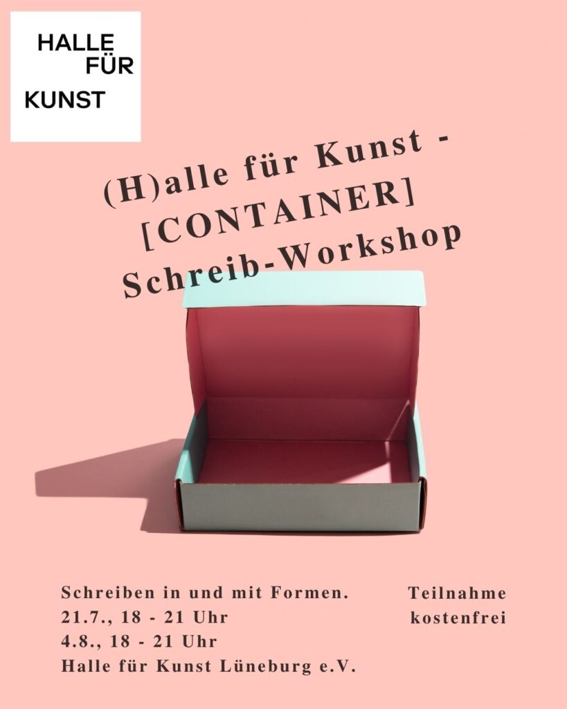 Flyer zur Veranstaltung. Rosa Hintergrund. Aus einer Pappschachtel kommt der Text aus dem Post